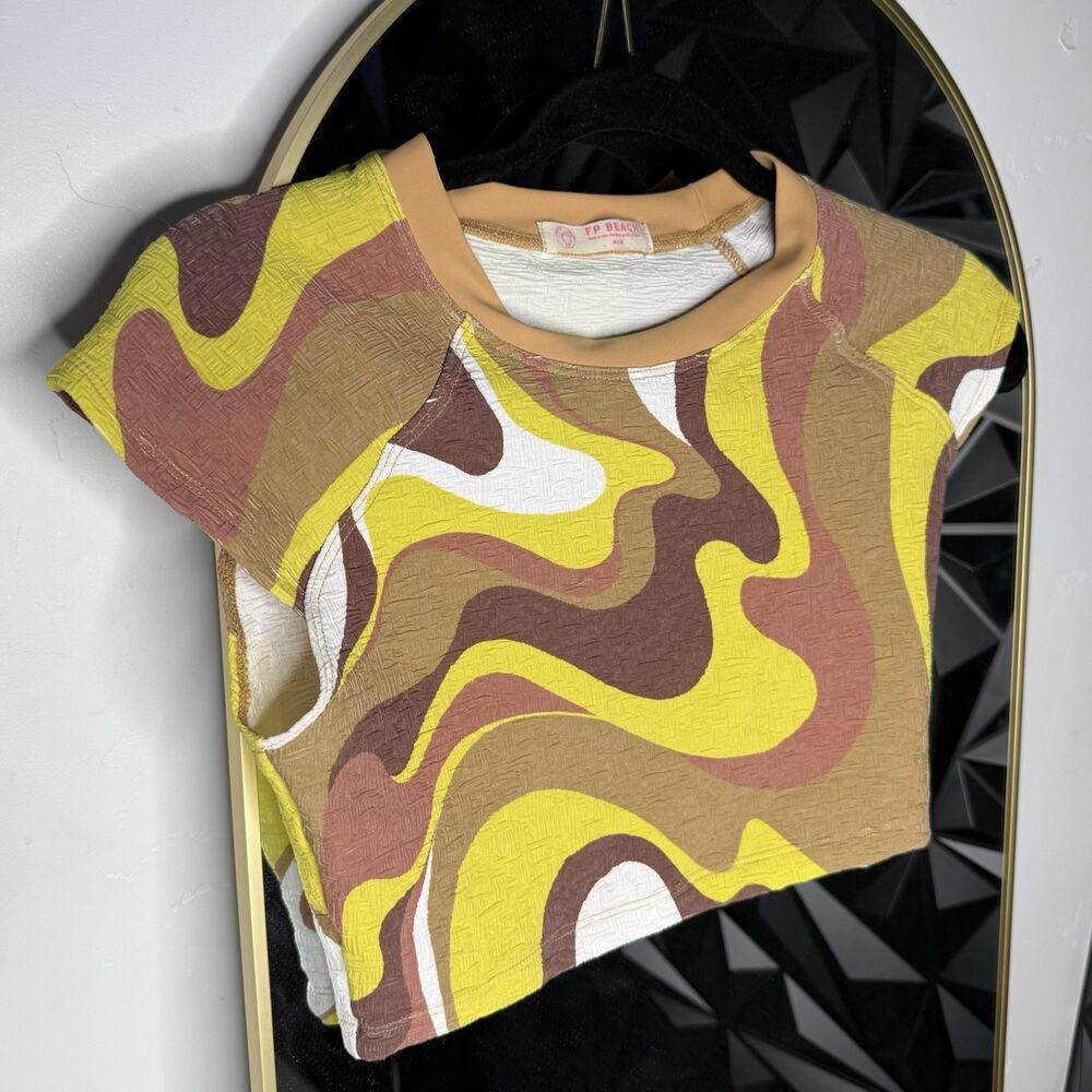 Free People FP Beach Crop Top Medium Retro Wavy Yellow Brown